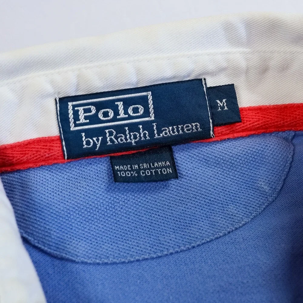 Polo Ralph Lauren Rugby Shirt‎ Mens M Blue White Twill Collar Flesh Pony Preppy